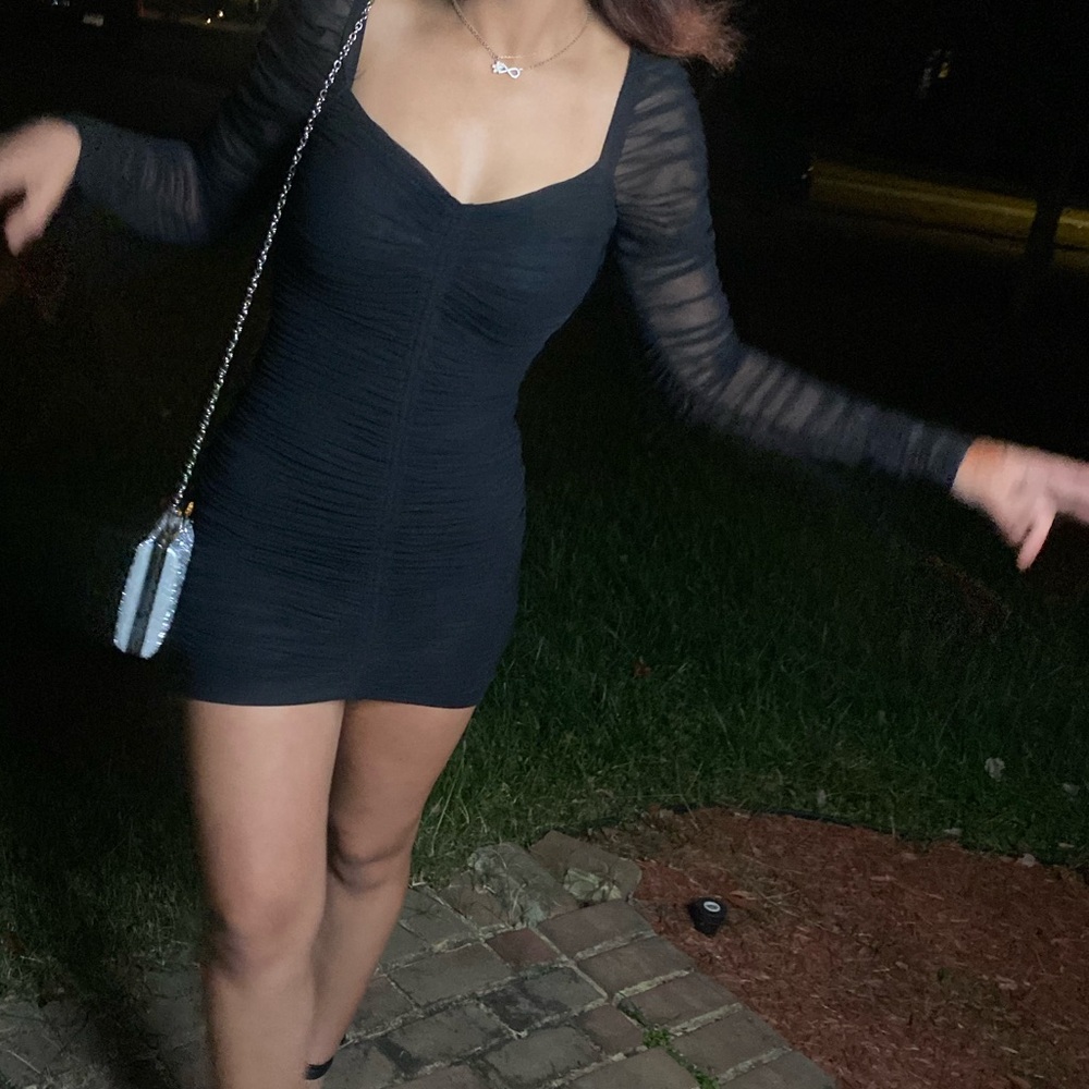 WINDSOR Black Ruched Long Sleeve Mini Dress